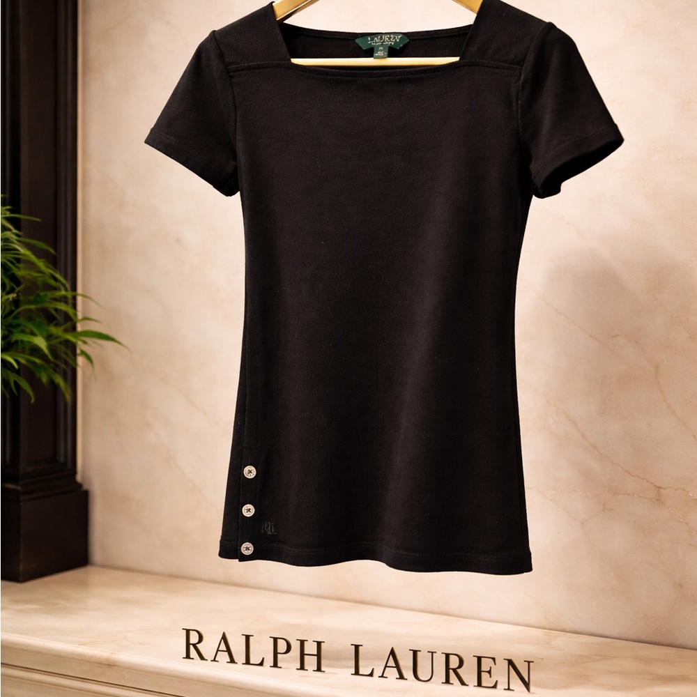 🌸LAUREN Ralph Lauren Black Square-Neck Short Sleeve Top SizeXL old money classic